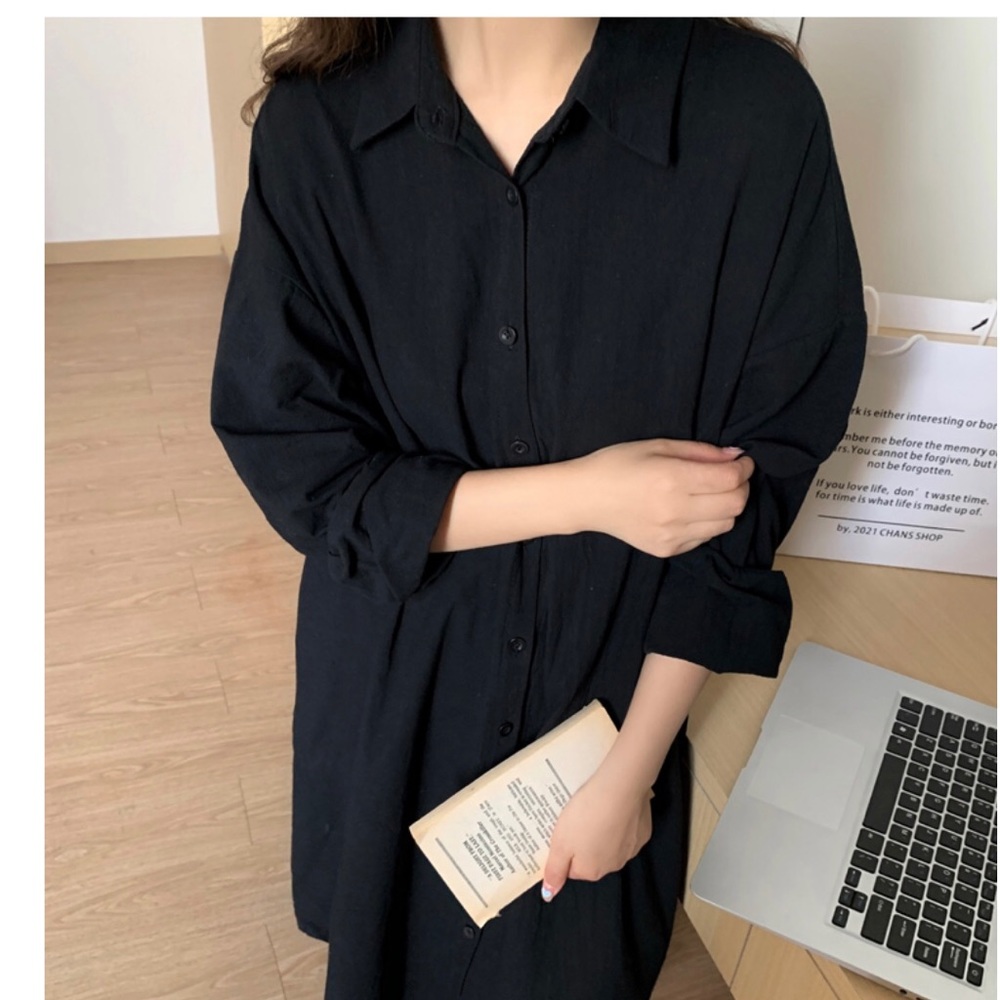 Shirt dress long women’s button collar top pockets white black - Picture 4 of 16